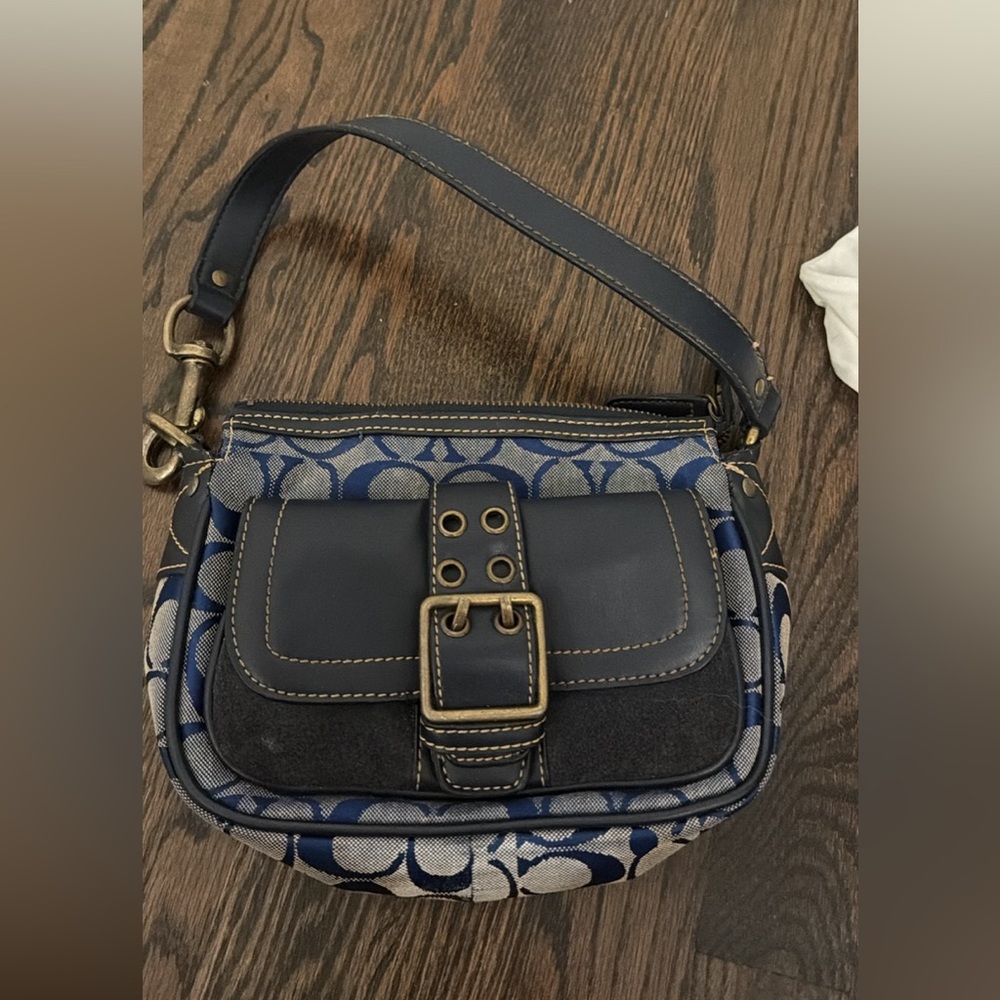 Coach Navy Logo Canvas Shoulder Bag with Leather Buckle